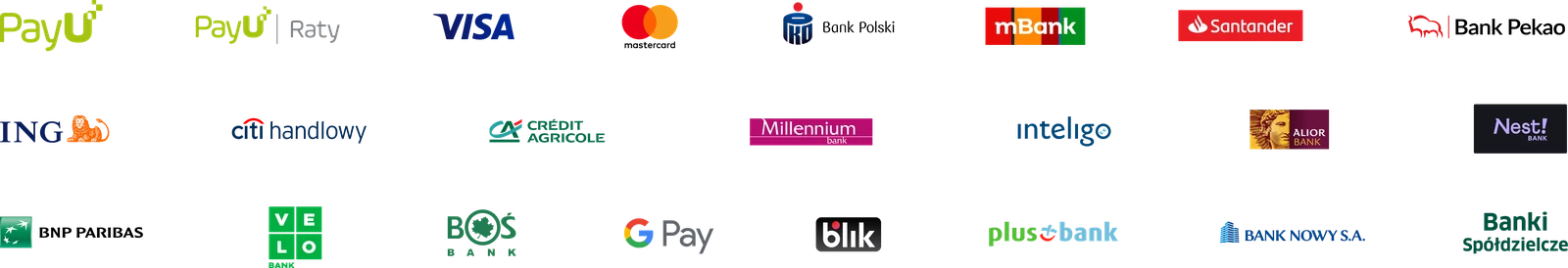 Płatności obsługuje PayU: PayU Raty, Visa, Mastercard, BLIK, Google Pay i przelewy z banków, m.in. PKO Bank Polski, mBank, Santander, Pekao, ING, Millennium